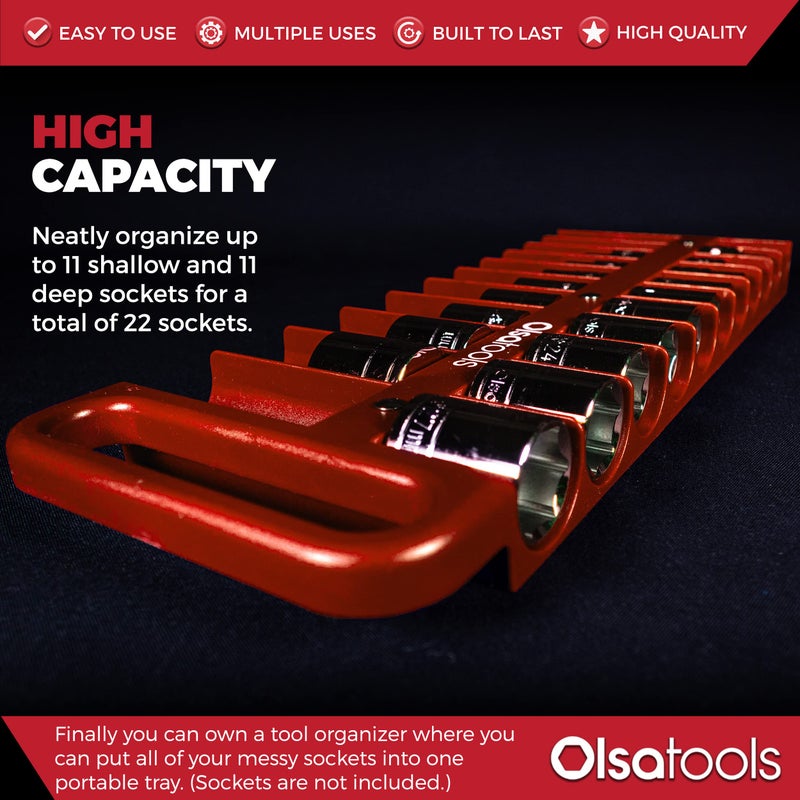 Olsa Tools Magnetic Portable Socket Organizer Tray - 1/2-Inch Drive - Red Holder for Deep & Shallow Sockets - Fits up to 1-3/16" SAE or 30mm Metric - Quality Product for Professionals - Part 1077 - Image 3